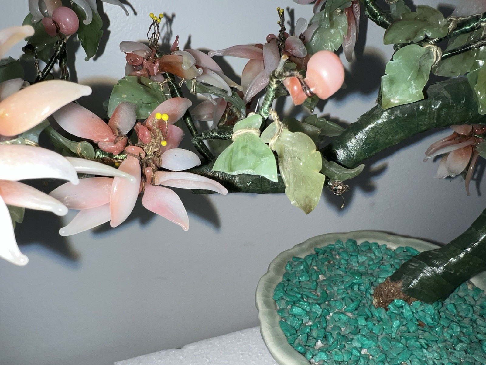 (…-6)Jade Like Flower Pink Glass Asian Bonsai Tree Leaves Missing And Damage.