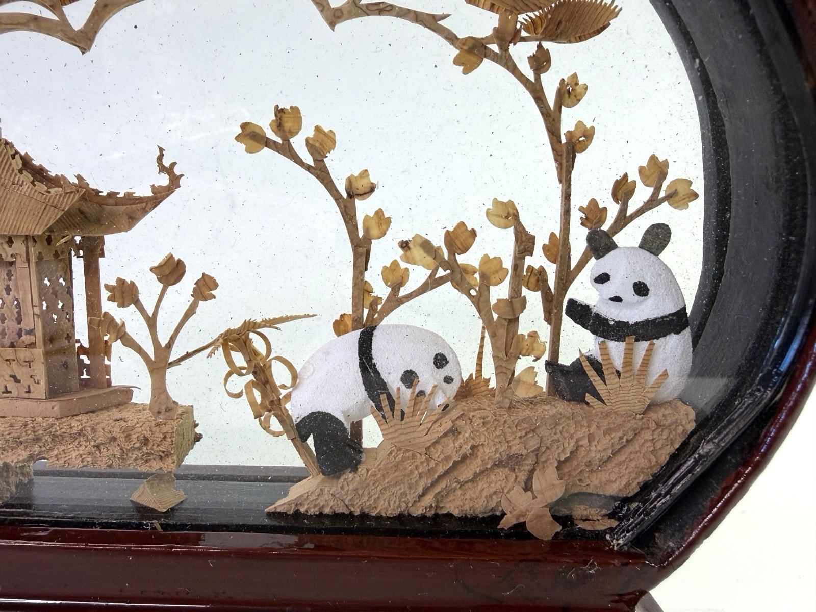 Chinese Carved Cork Art Diorama Pandas Pagoda Bamboo Trees VTG 8″