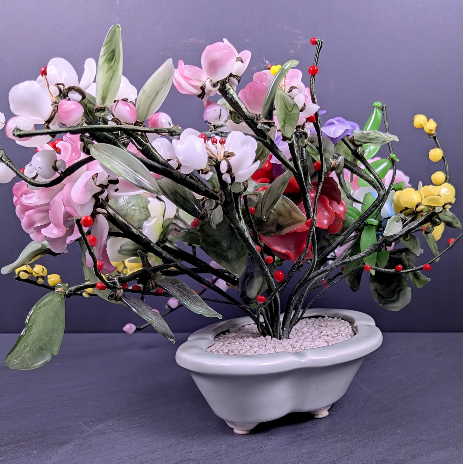 Vintage Jade Style Glass Flower Arrangement Asian Bonsai Planter Pink Red Purple