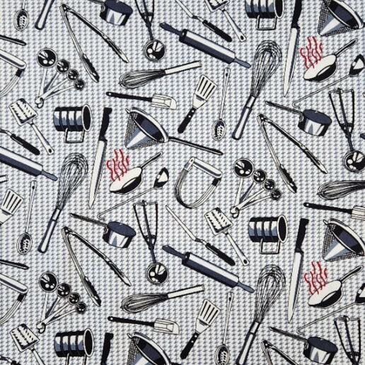 Kitchen Utensils Tossed Black/White Designer Cotton Twill 58″ Fabric by the Yard