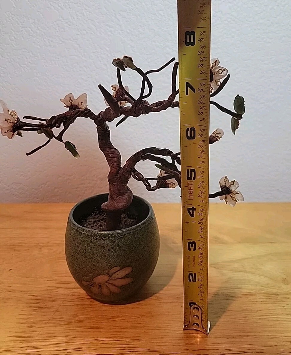 VTG Chinese Rose Quartz Jade Flowering Bonsai Tree 8″ Tall Gold Toned Leaves