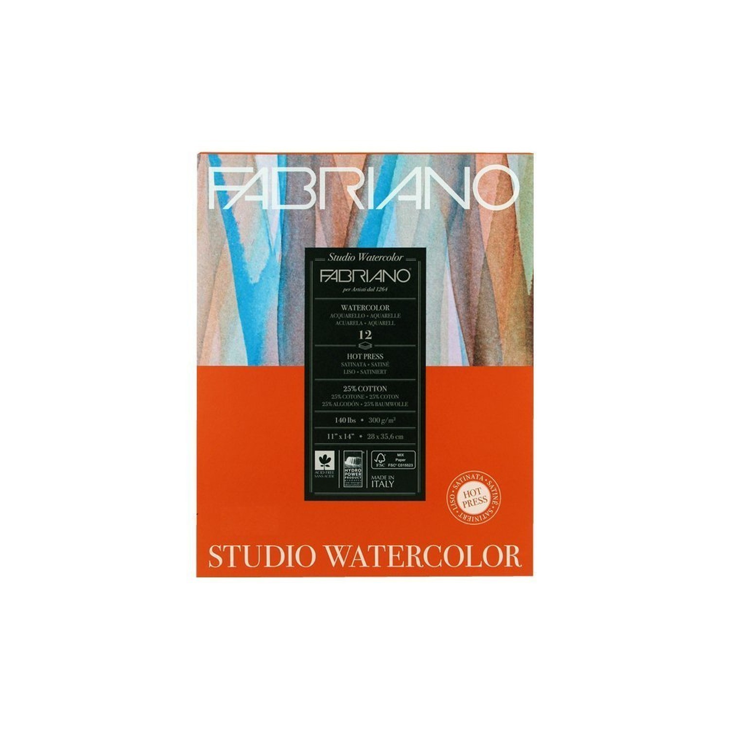 Fabriano Studio Watercolor Pad, Hot-Press, 11″ x 14″, 140 lb., 12 Sheets White