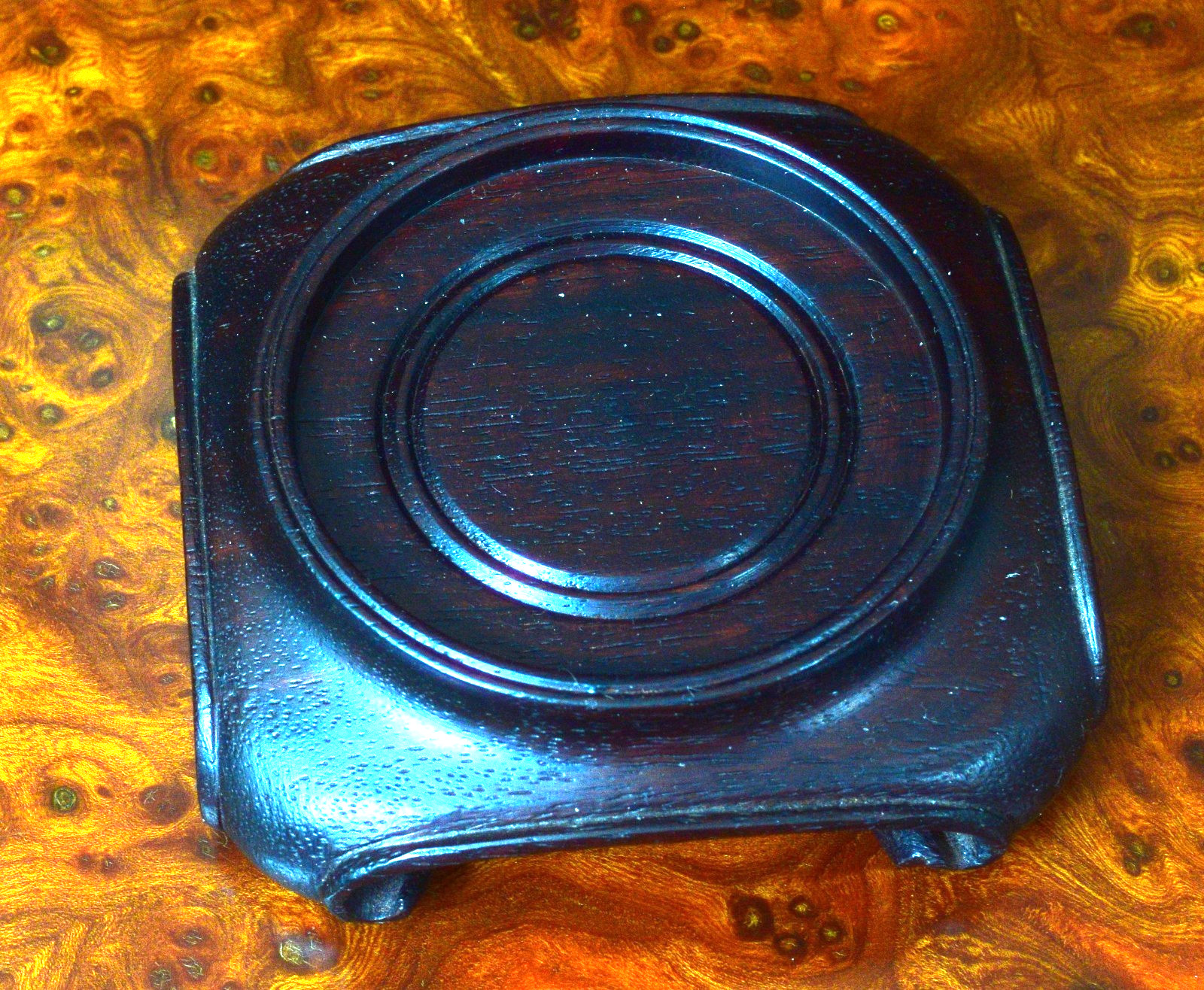 Vintage Chinese Round Brown Wood Stand w/Square Scroll base 2 1/2″ diam top S30