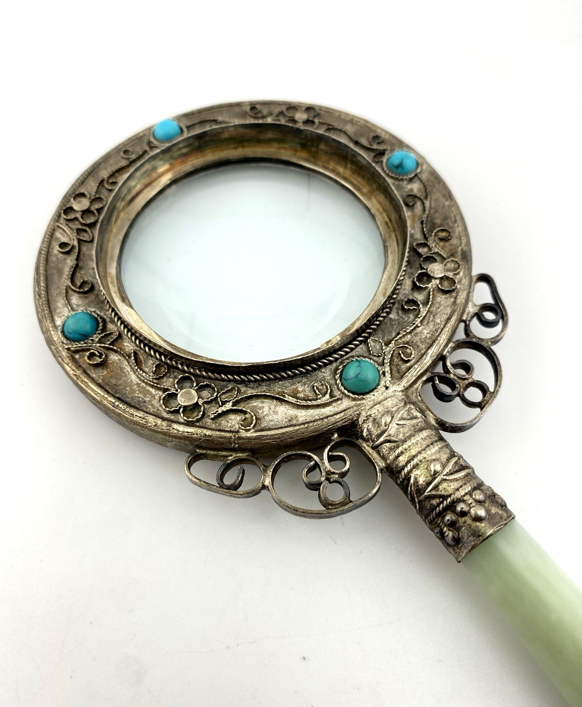 Chinese Export Magnifying Glass Green Stone Handle Silver Turquoise 2x 3x