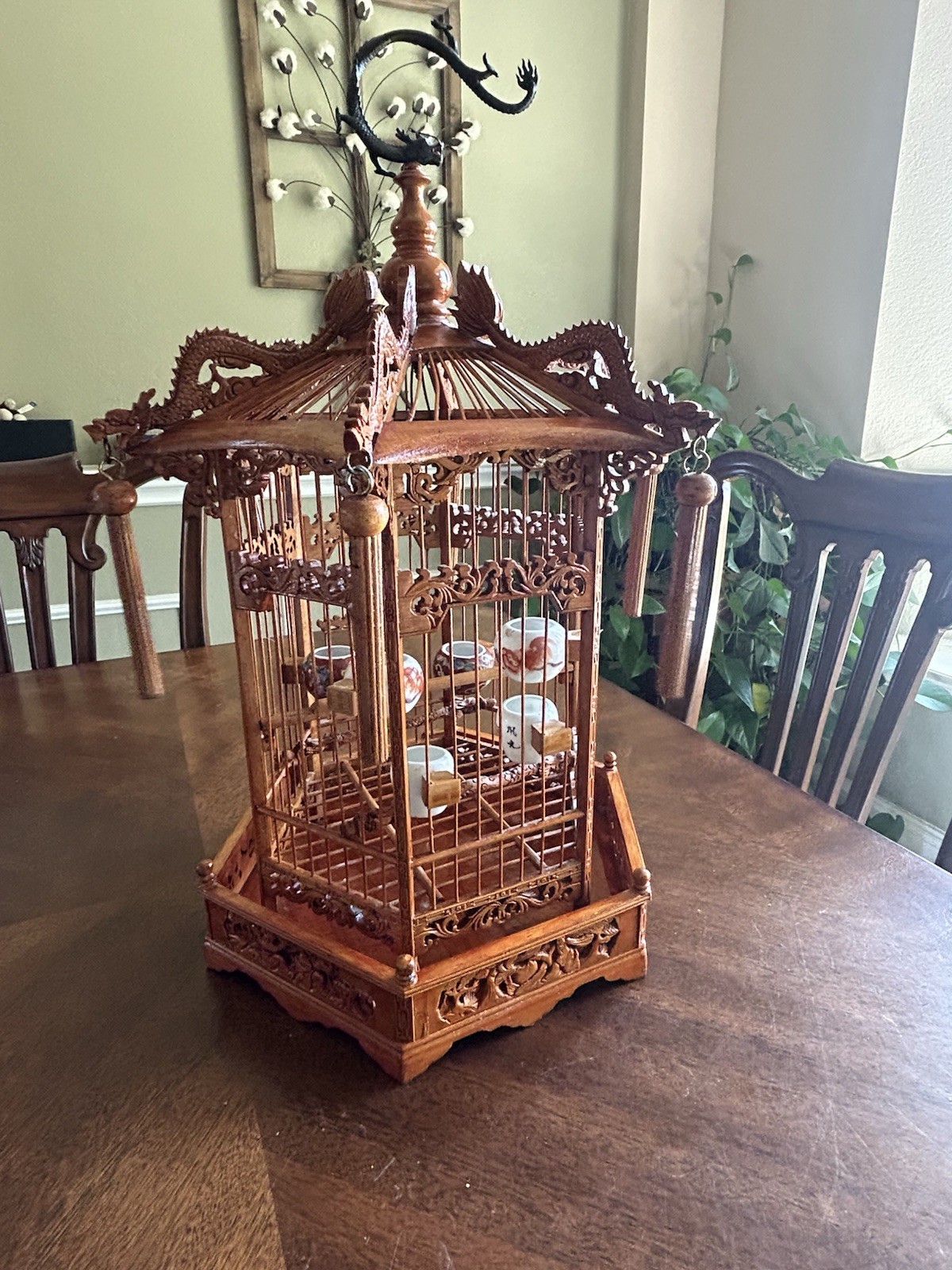 Antique Chinese Bamboo Bird Cage Hand Carved Vintage Feeders