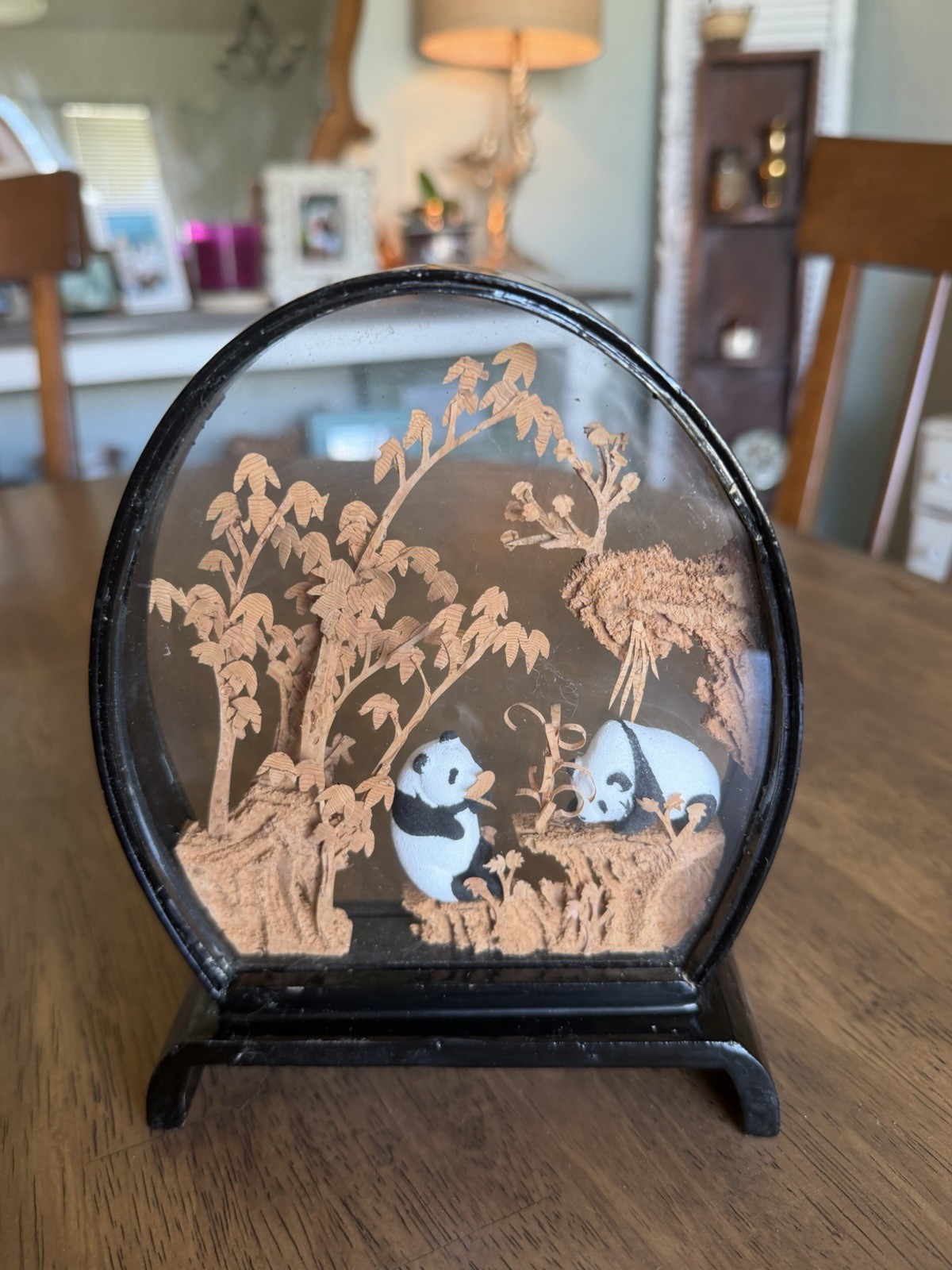 Vintage Chinese Cork Art Panda Scene Diorama Black Lacquer Frame Asian Shadowbox