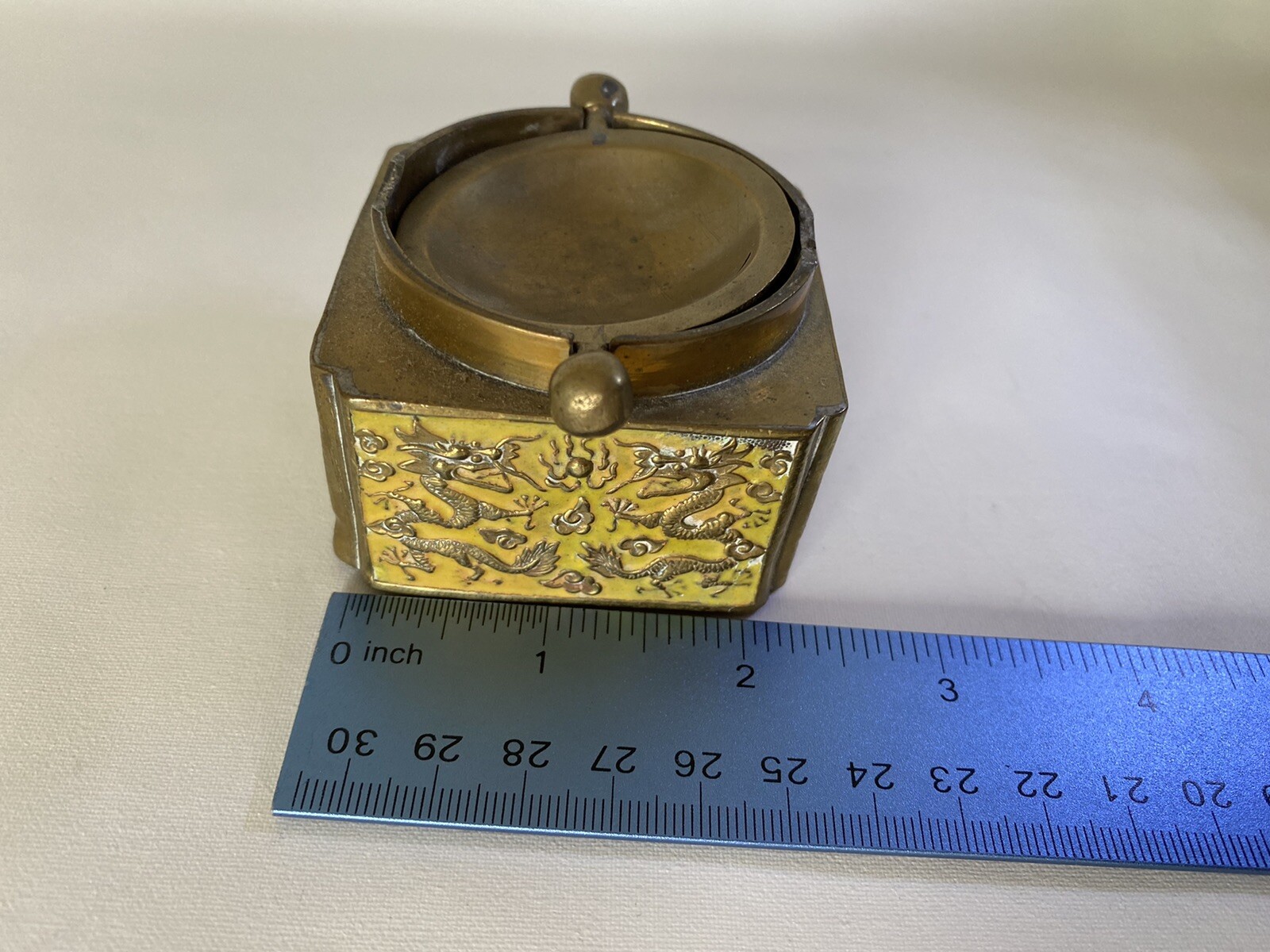 Antique Chinese Enamel Flip Top Ashtray With Eight Dragons Marked CHINA￼