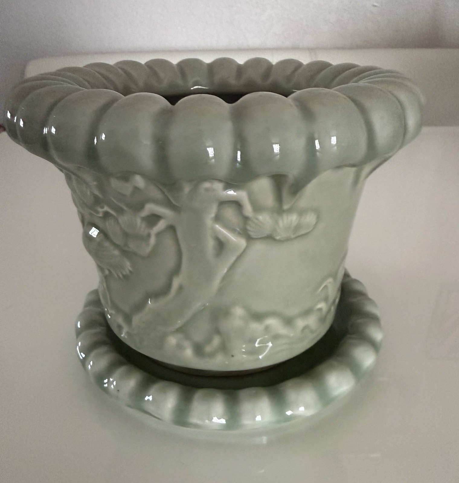 VTG Chinese Celadon Planter Pot With Scalloped Top And Tray Bonsai With Crane