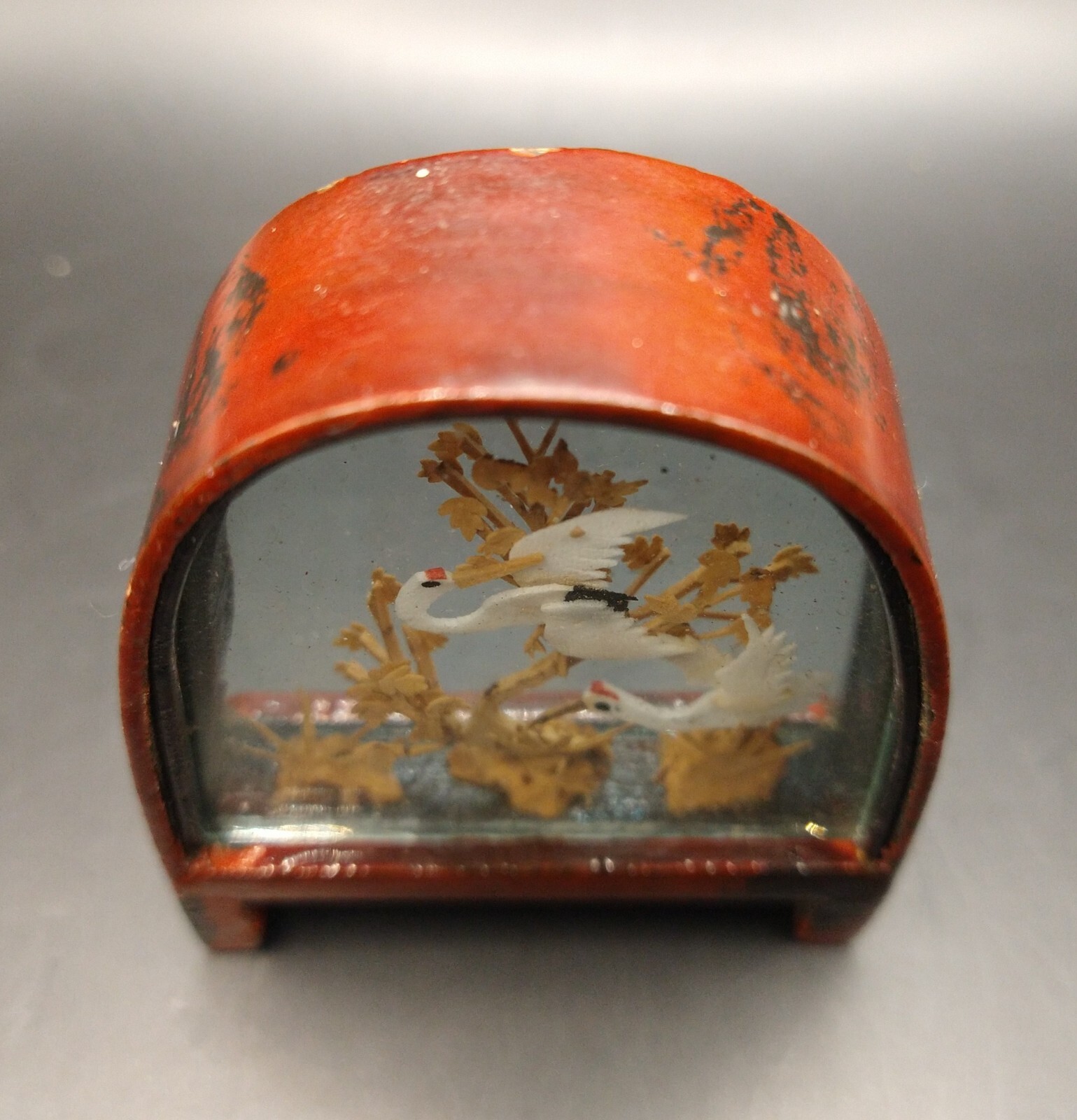Vintage Chinese Cork Small Diorama Cranes & Trees Arch Shaped Lacquered Wood