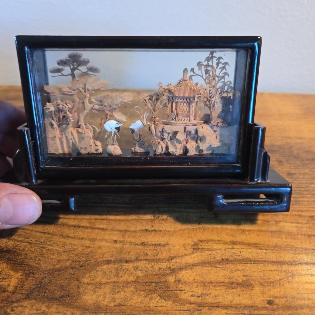 Chinese Carved Cork Sculpture Diorama 2 White Cranes Herons Black Enamel Frame