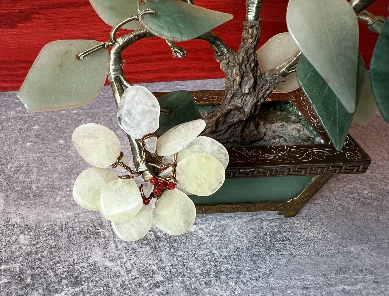 Vintage Chinese Jade Amethyst Carnelian Quartz Flowers Tree Brass Pot Marked