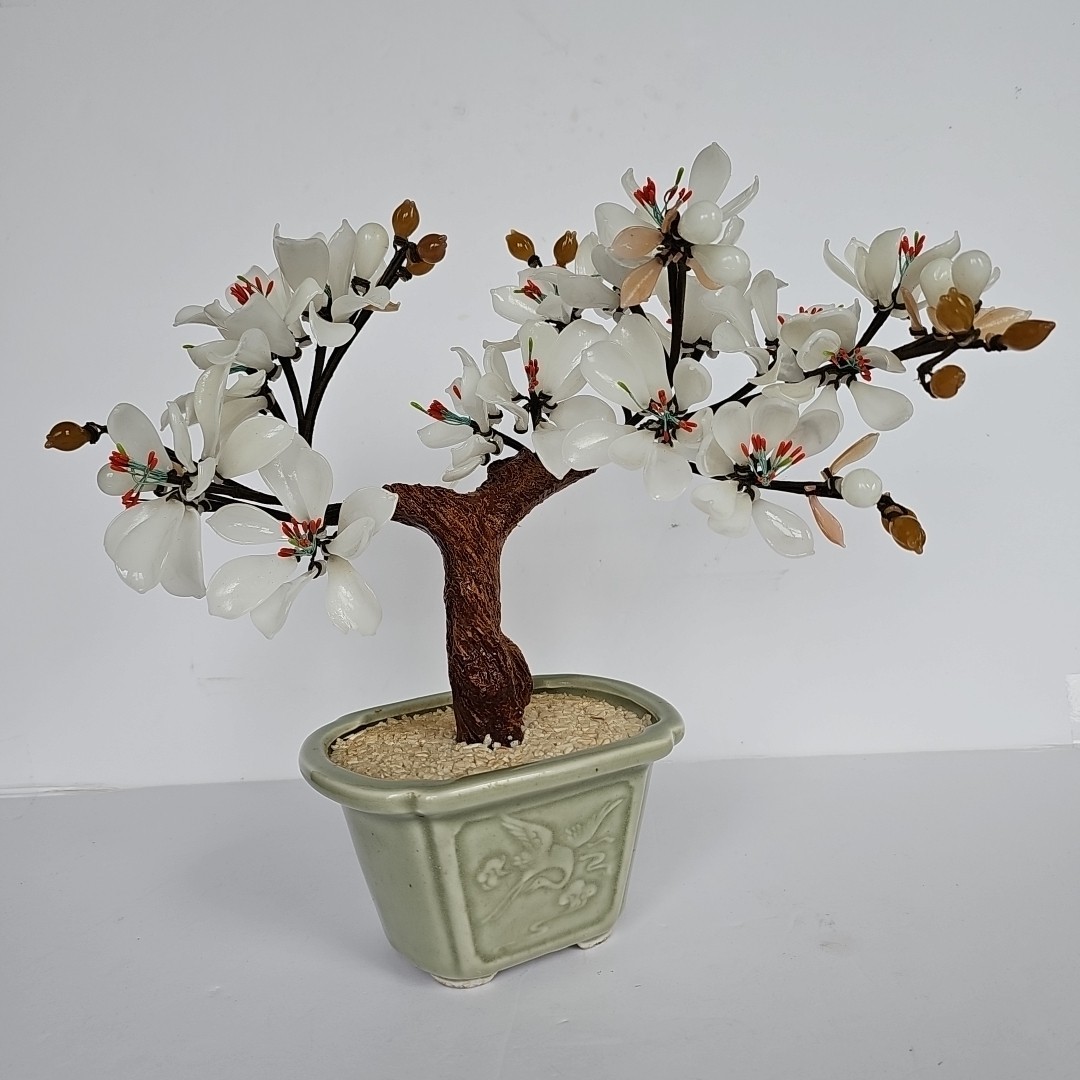 14″ Vintage Bonsai Tree Glass White Flower Blossom in Celadon Pot Handmade 1697