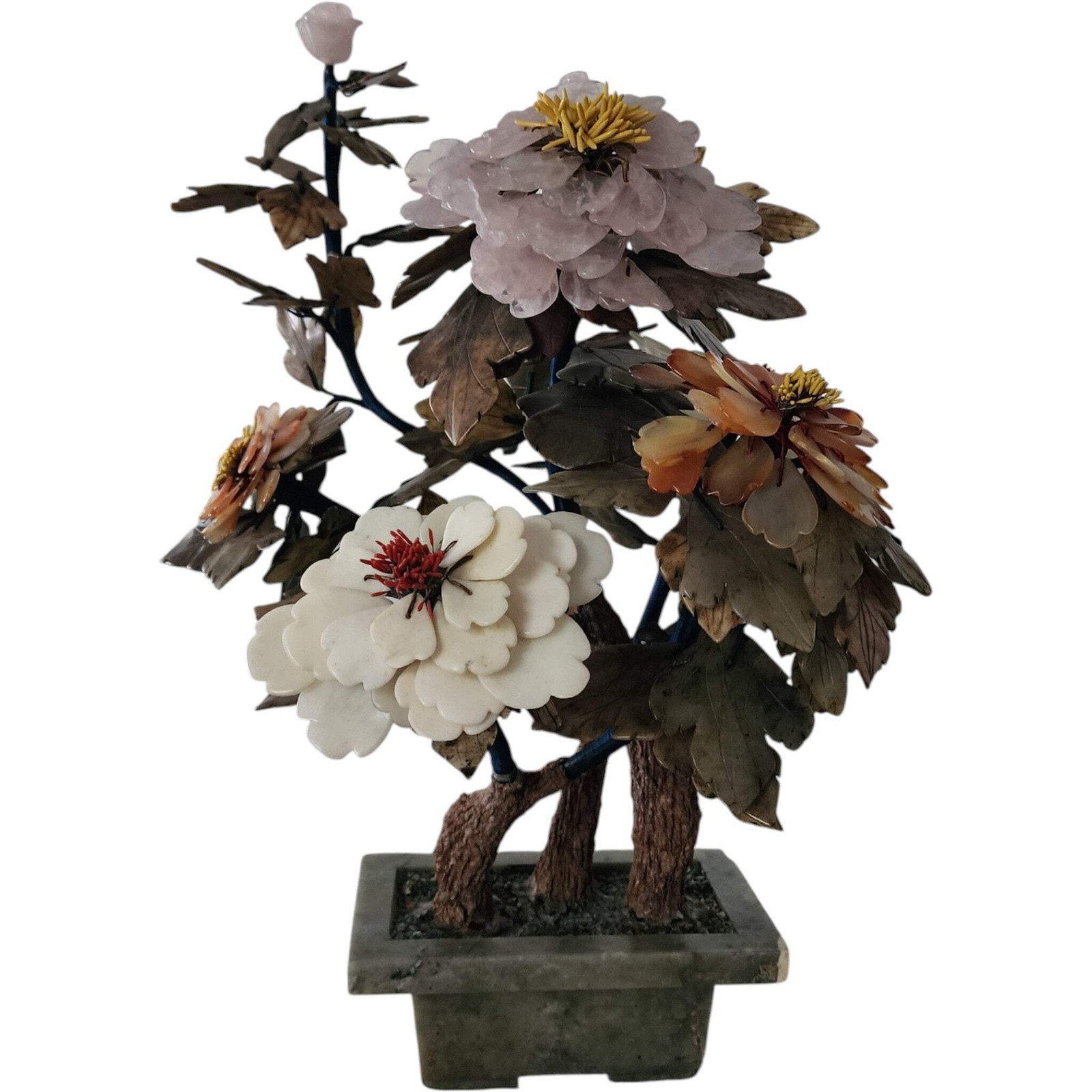 18″ Chinese Jade and Quartz Bonsai Glass Tree in Celadon Pot