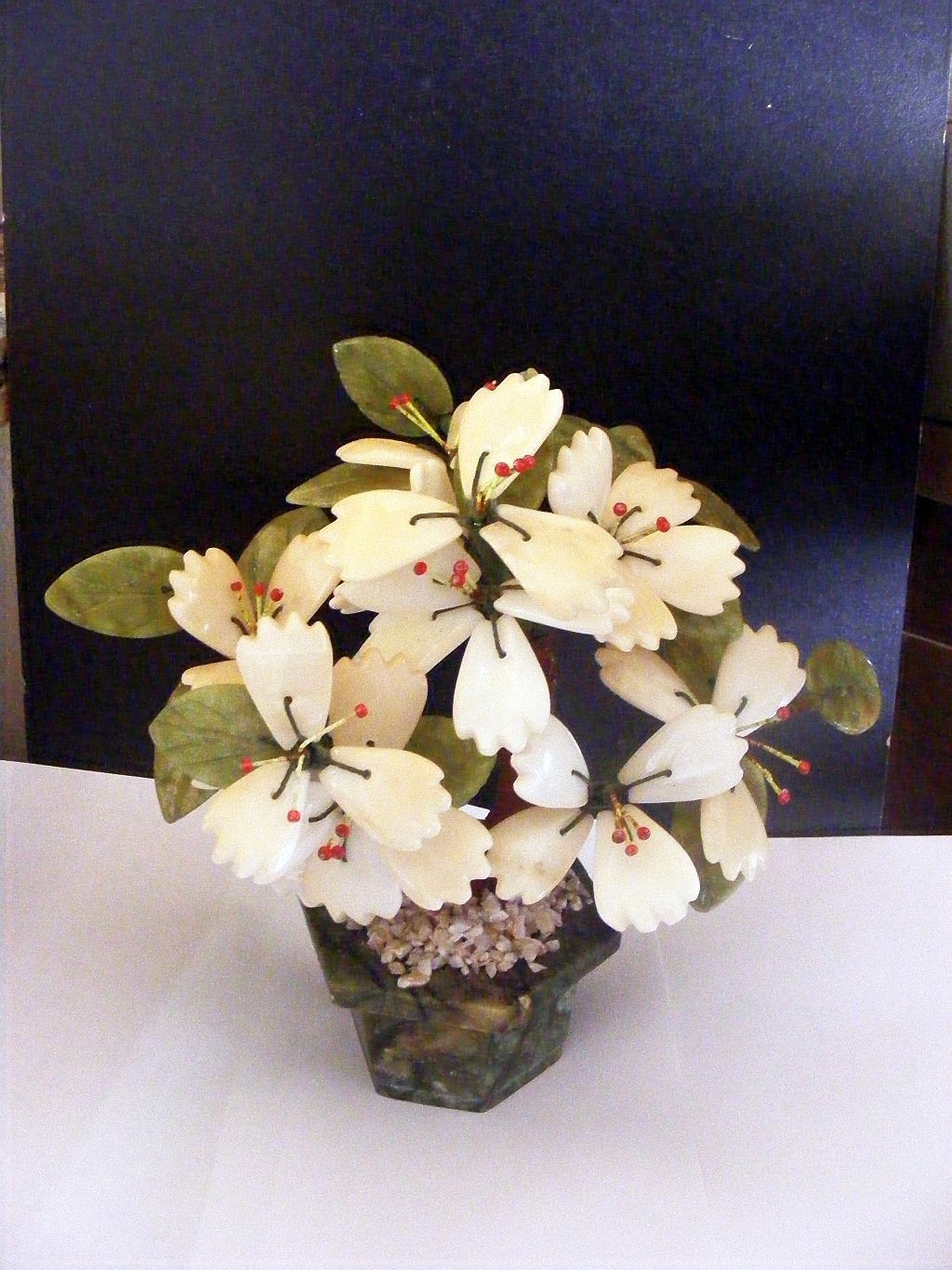 Chinese Hardstone Flower Tree Vintage Carved Jade & Stone 7 1/2″