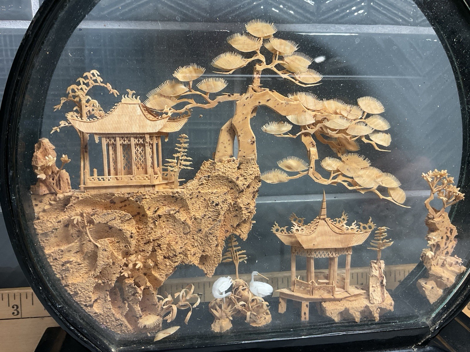 Vintage Asian Cork Art Diorama Hand Carved Black Lacquer Frame 9 X 9 Tree Bird