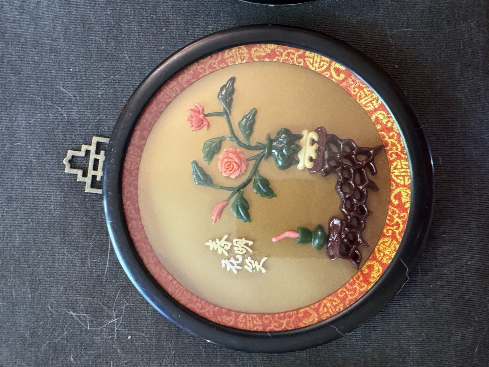 VTG Faux Jade Asian Wall Plaque 7″ Round Flowers Set Of 3 Home Decor Taiwan