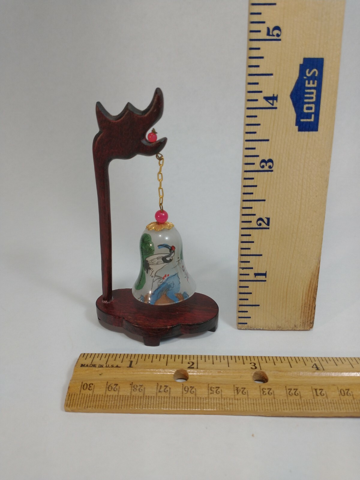 Chinese Asia Reverse Painted Glass Bell w/ Wood Dragon Stand Crane Birds Design