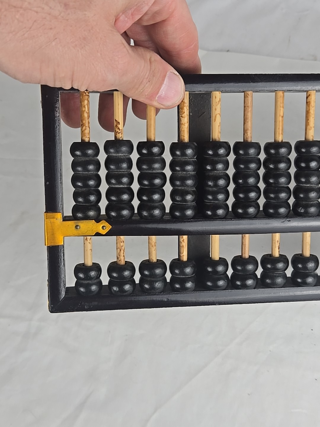 Vintage Chinese Abacus 13 Row 91 Bead Wood & Brass Lotus Flower Brand Calculator