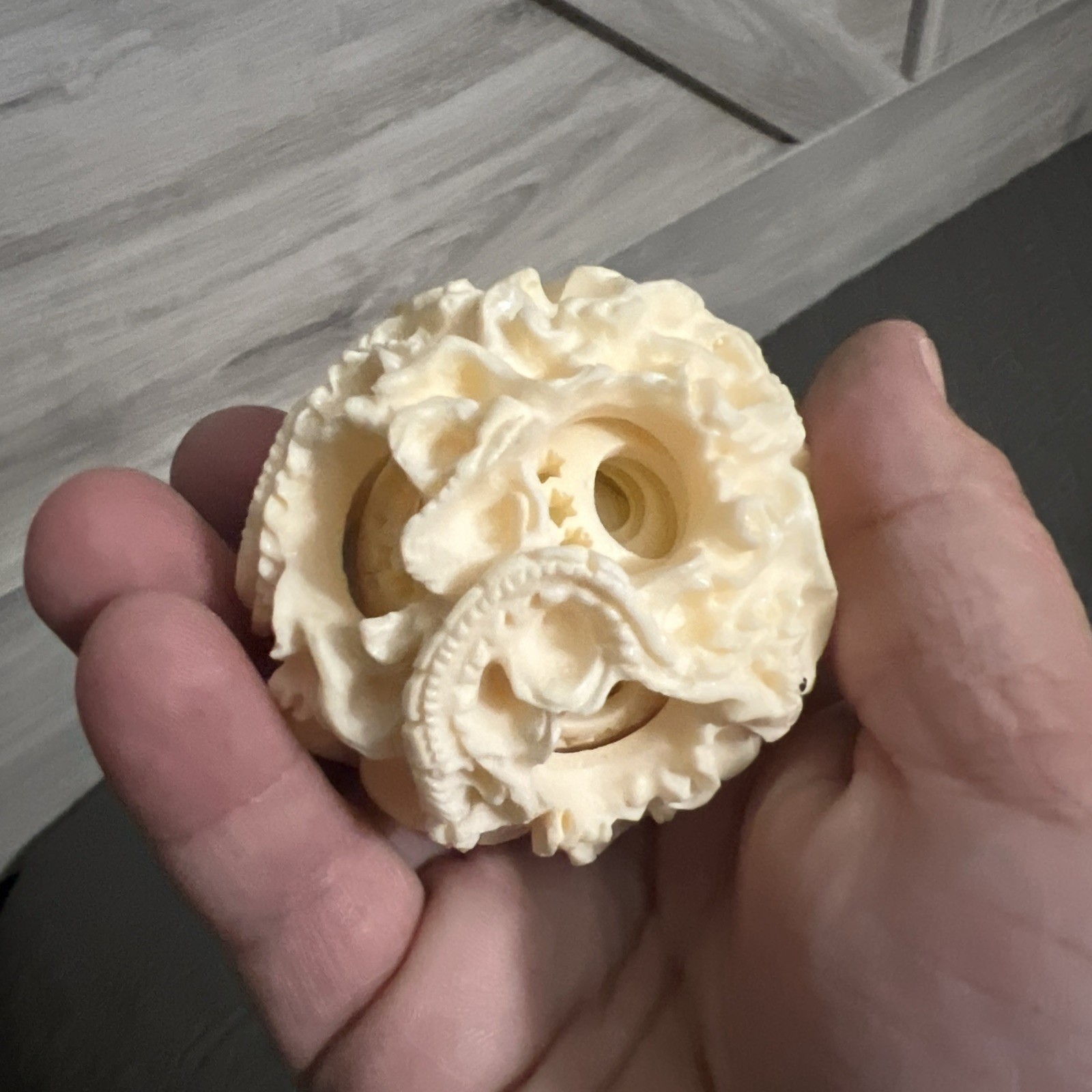 Antique Chinese Dragon & Elephant Puzzle Ball Ivory Color in original box 7”