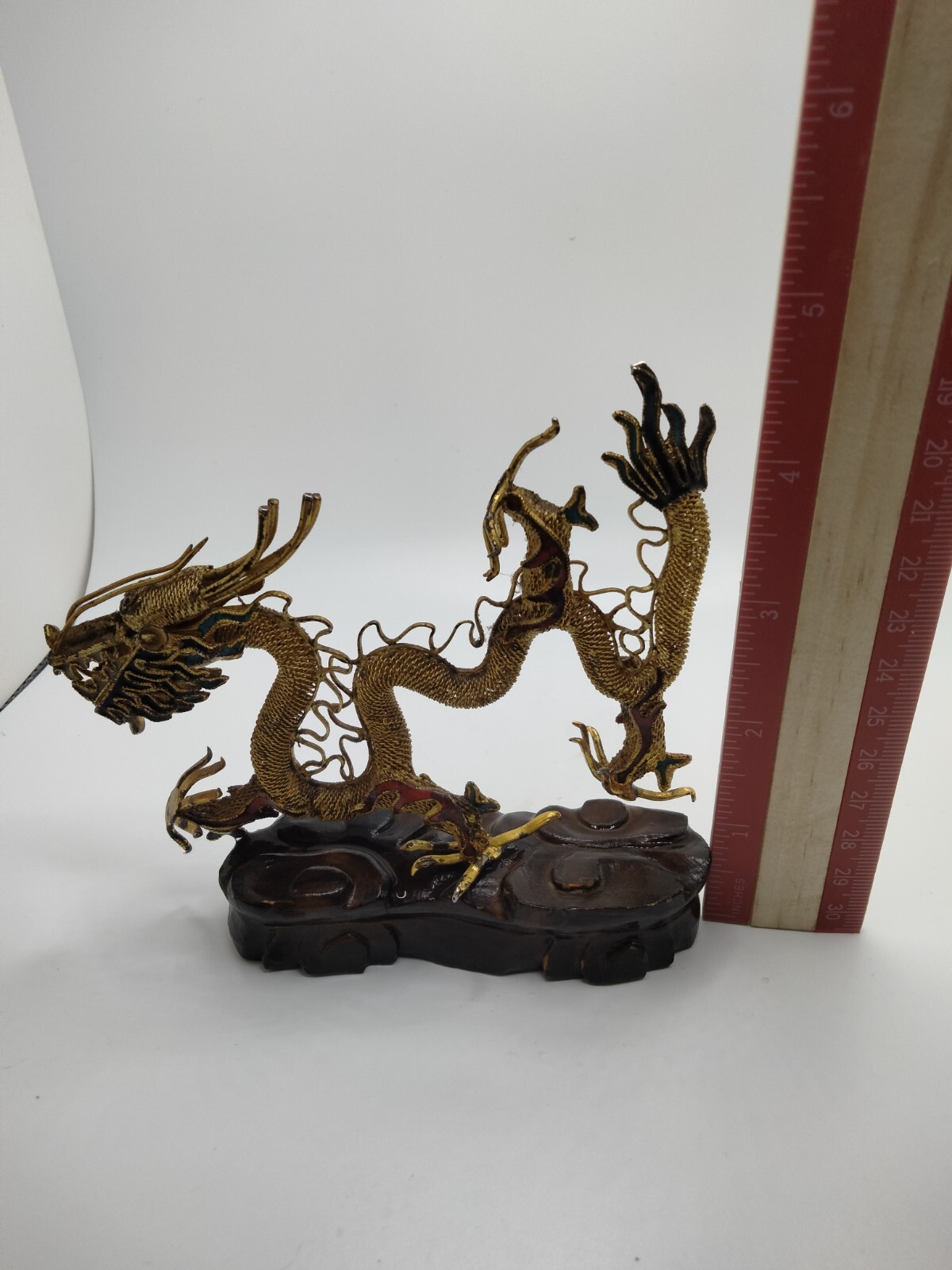 Chinese Brass Figurine Dragon on Wooden Stand 4.5″ x 4.5″ Green, Red, and Gold