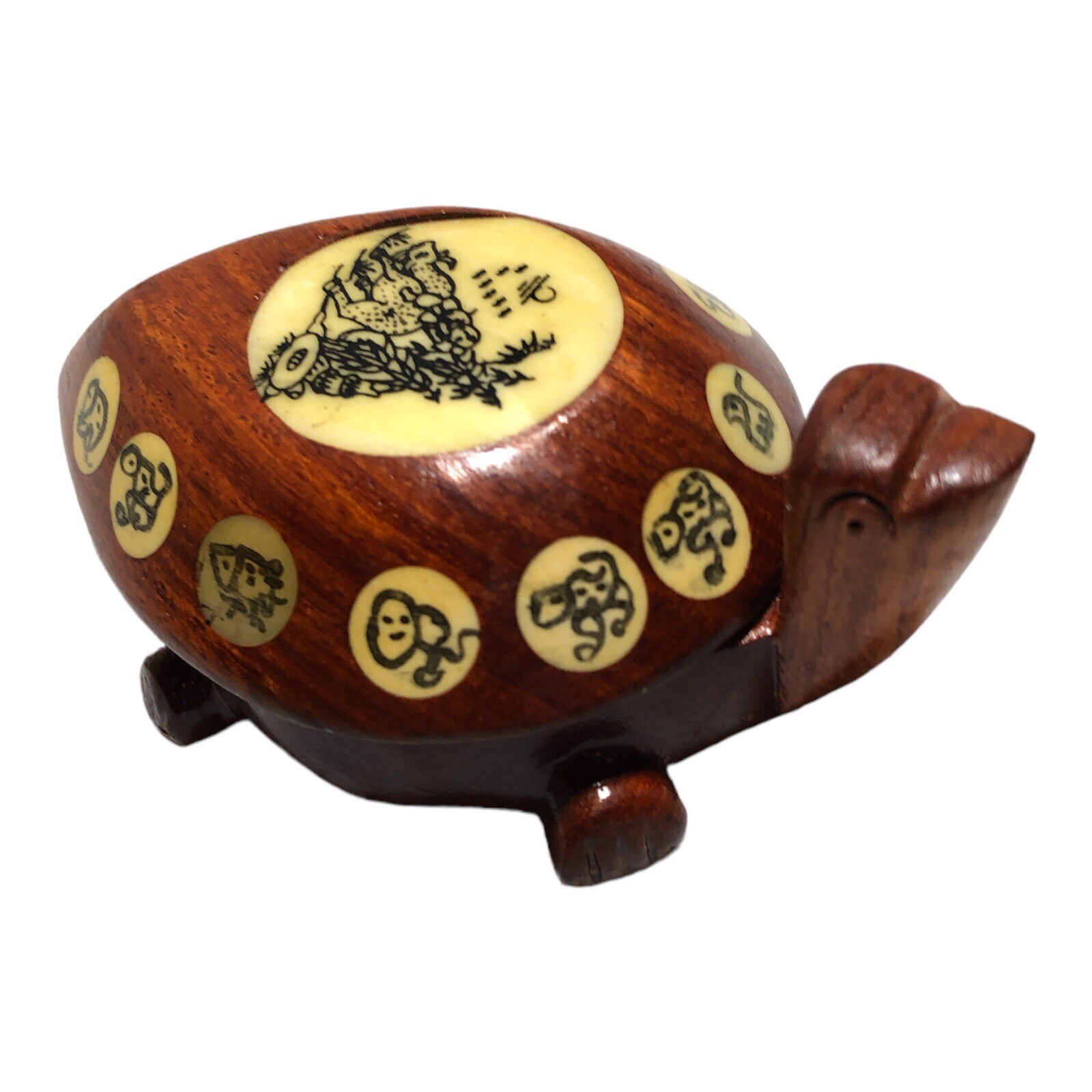 Vintage Carved Wood Turtle with Inlaid Chinese Zodiac Signs Opens to Compass