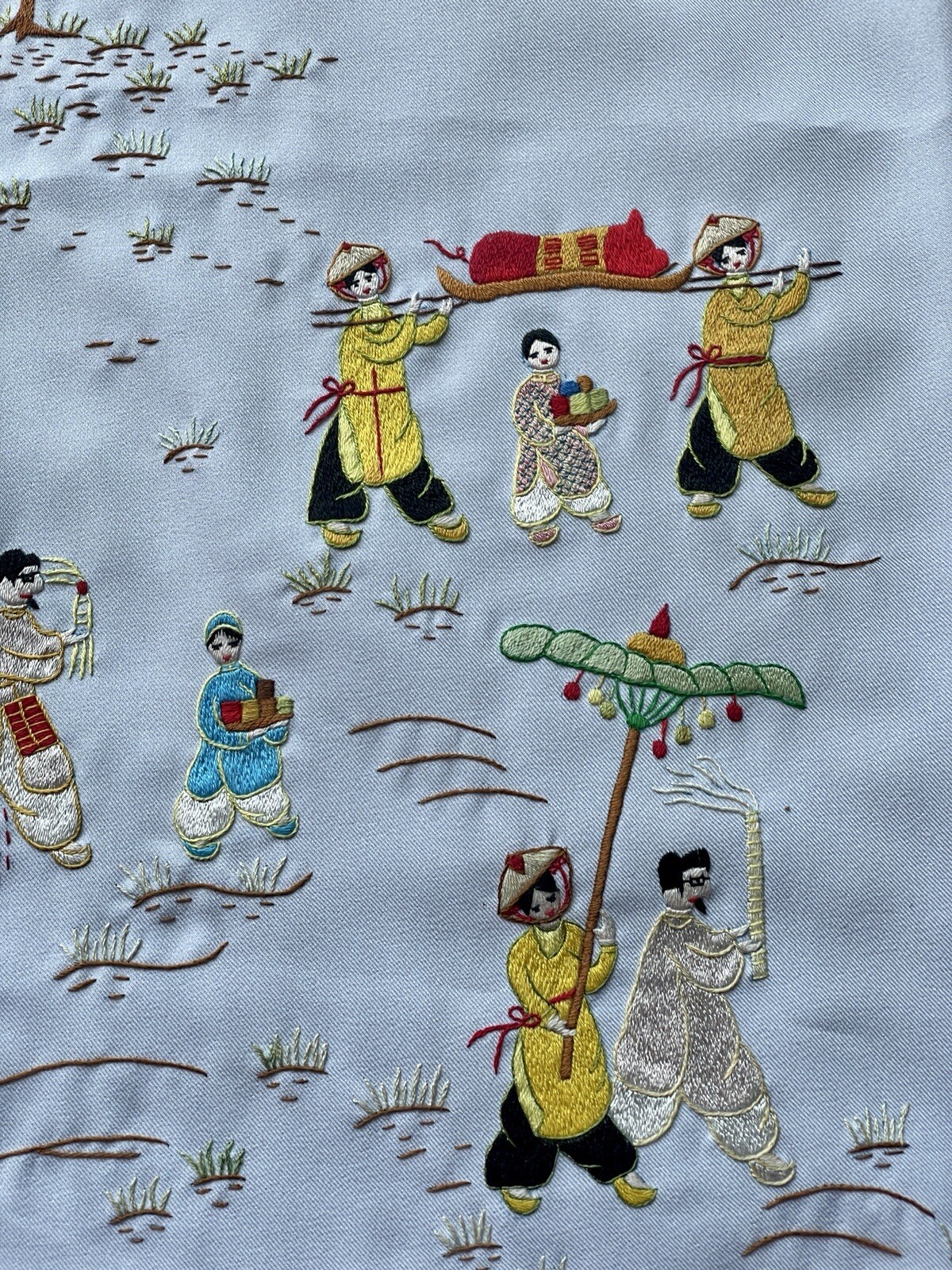 Asian Silk Hand Embroidered Cloth Village People Unframed Finished Needlepointed