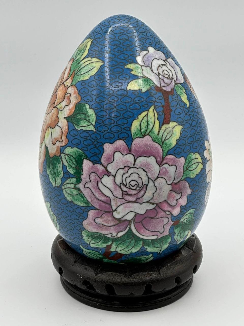 Vintage Chinese Cloisonné Enamel Egg on Wood Stand Floral Design H 7.25″