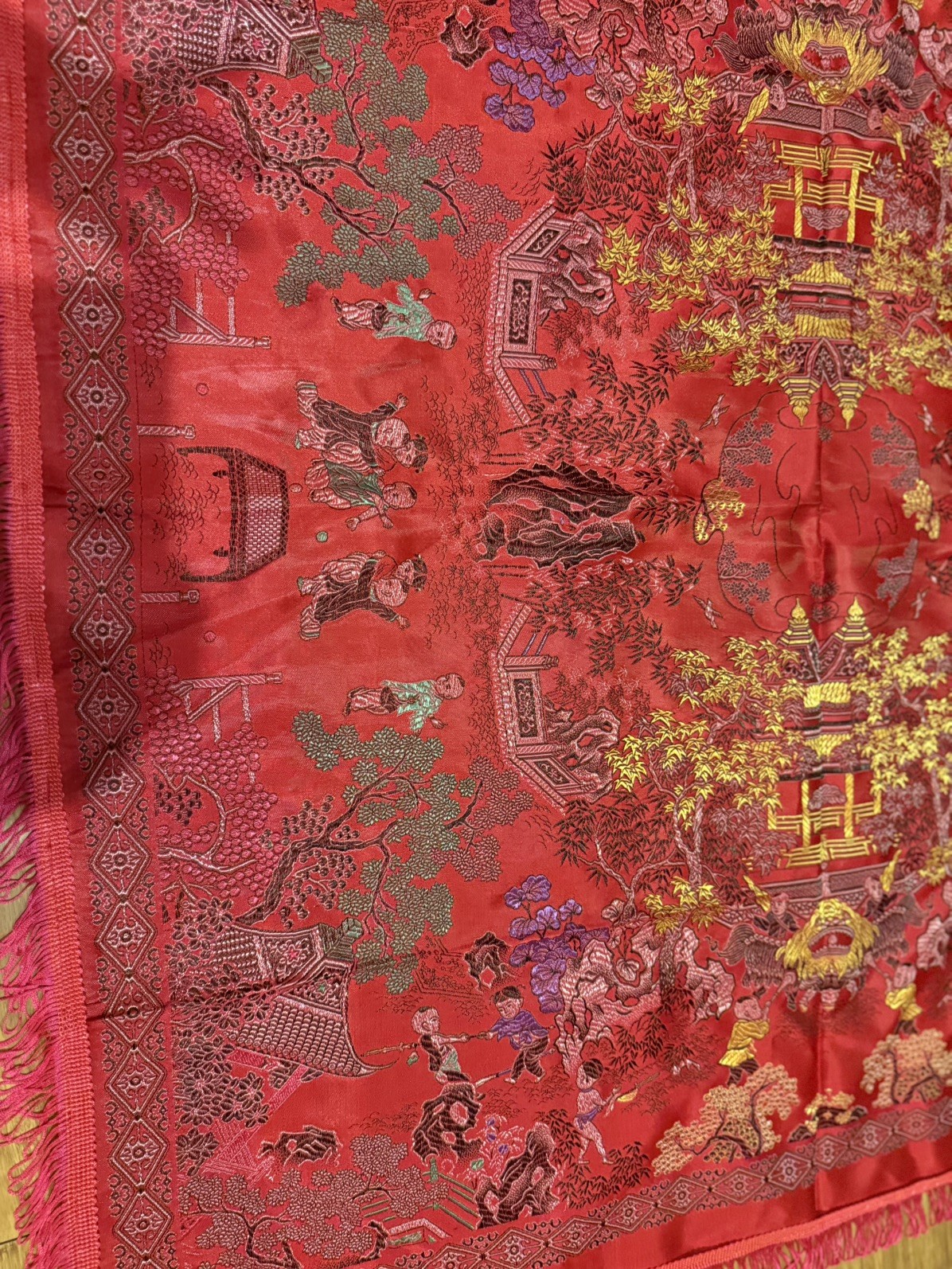 Vintage Brocaded Flowers Chinese Silk Tapestry Table Cloth 38” X 38”