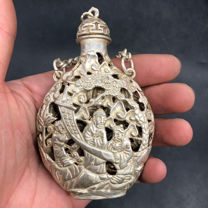 Vintage Chinese Silver Plated Copper Openwork Incense Sachet Pendant Qing Style
