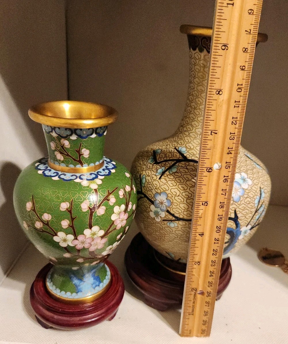 2-CLOISONNE VASES BRASS-COPPER 1-6″GREEN &1-TAN 8″H W/CHERRY TREE ENAMEL FLOWERS