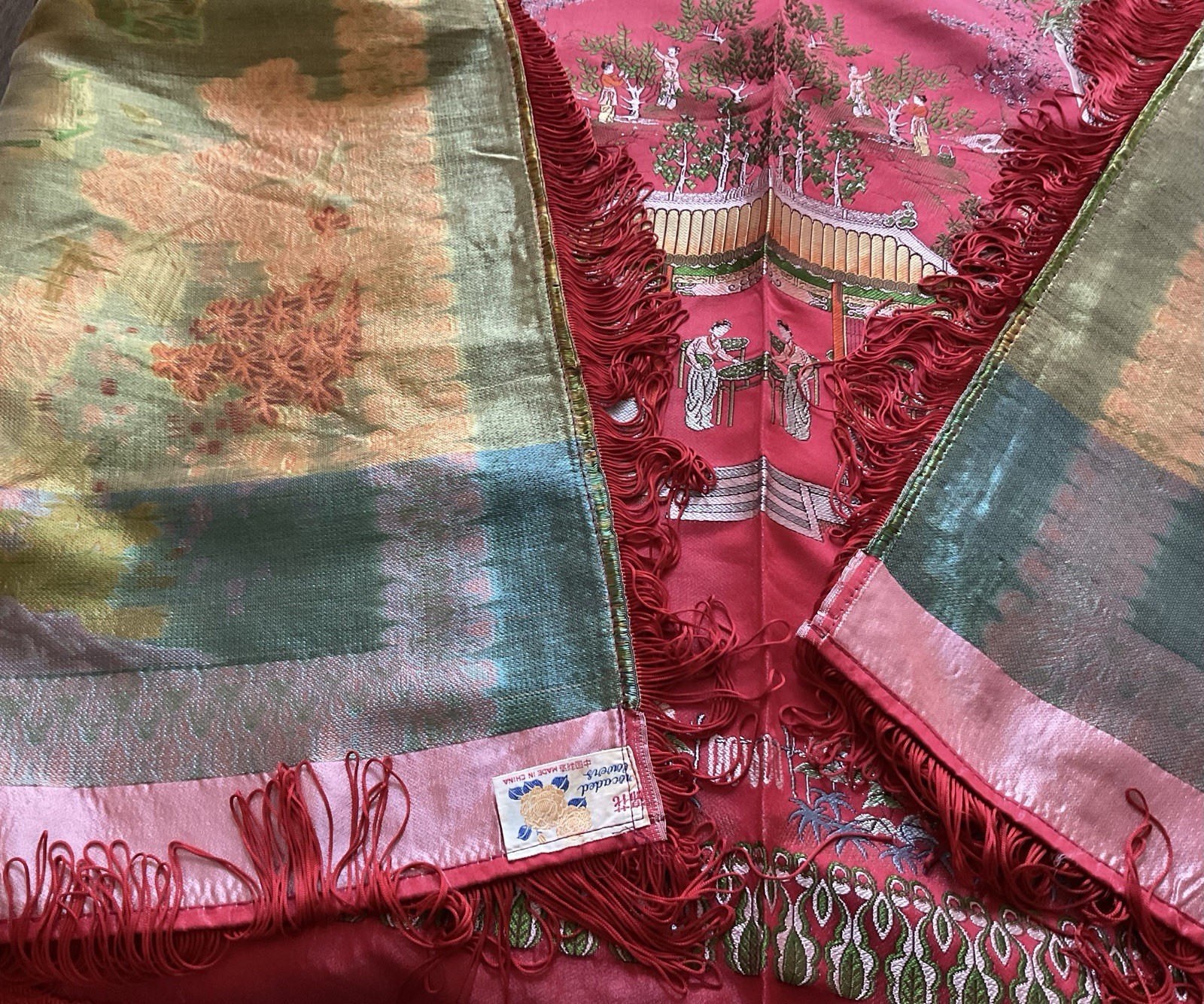 Vintage Brocaded Flowers brand Chinese Red Silk Tapestry Tablecloth 80″x54″
