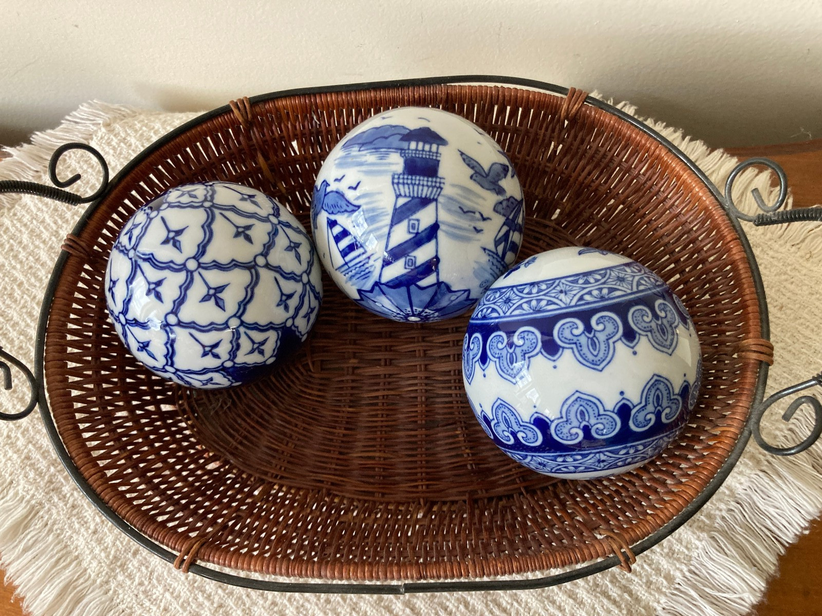 Lot~3 Cobalt Blue & White Carpet Balls 3.25-3.5″ Geometric Patterns & Lighthouse