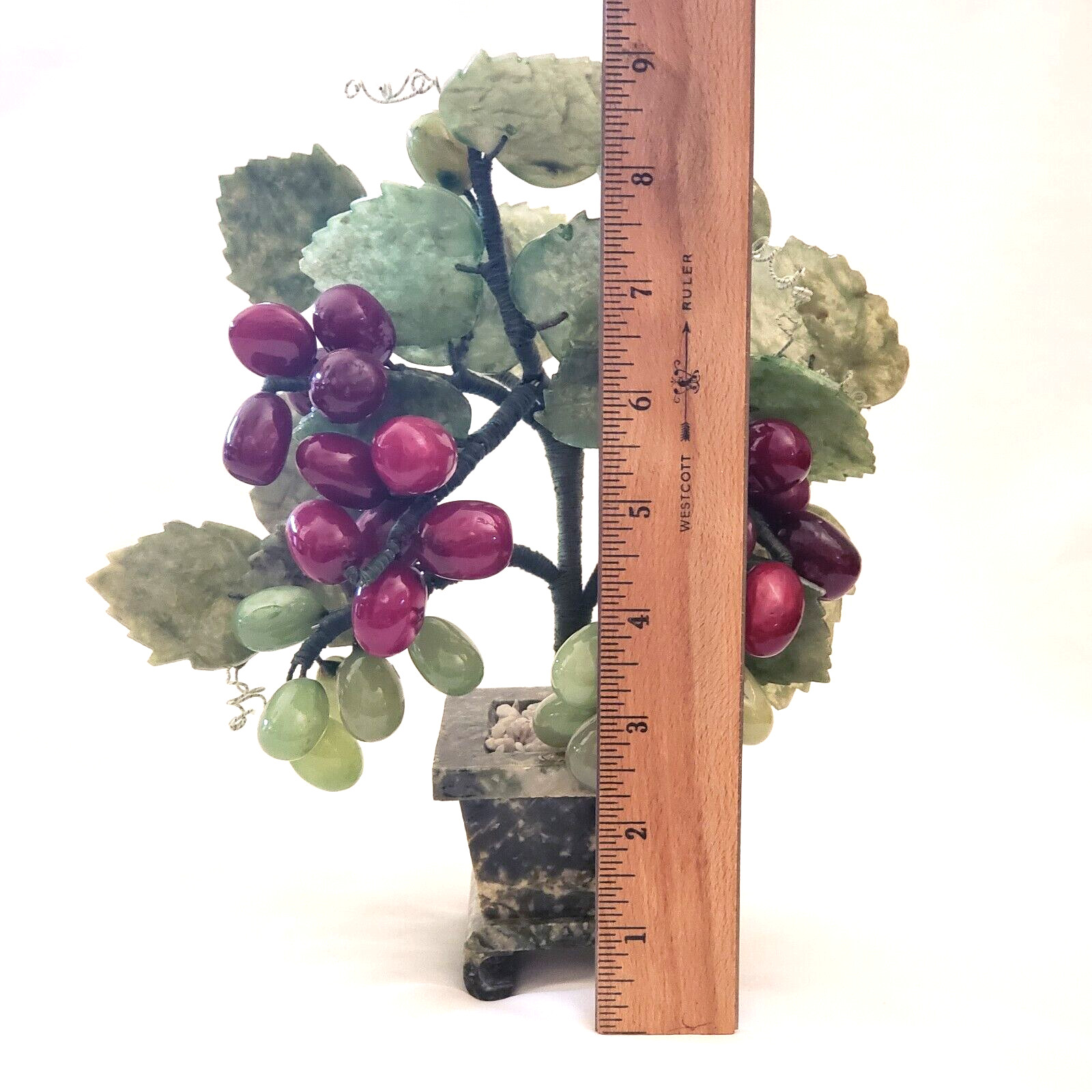 Jade Bonsai Grape Vine Tree Studio Art Carved Stone in Marble Planter 9″ Vintage