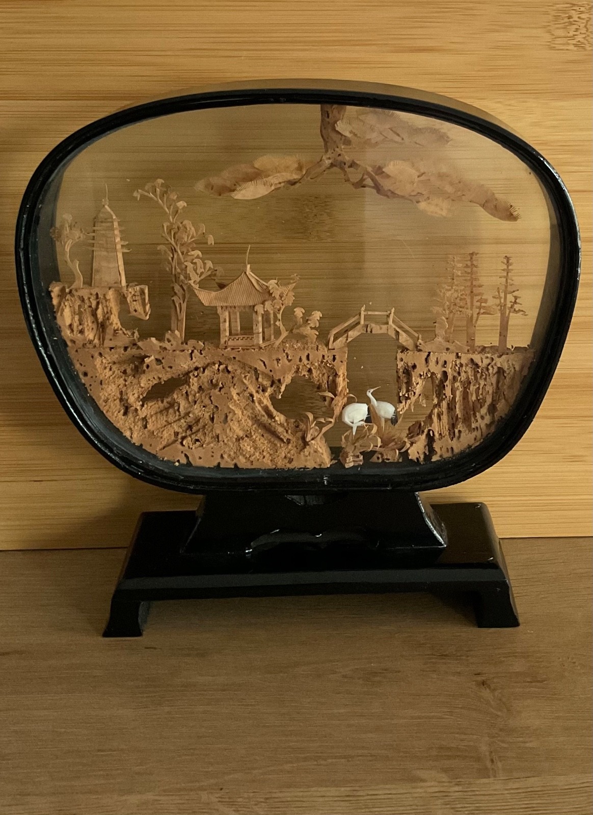 VTG Chinese Diorama Cork Carving Pagoda Trees Cranes Lacquer Glass Case 7” x 7”