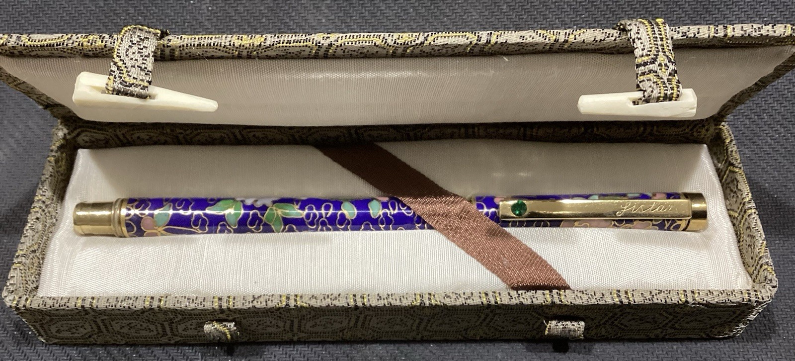 Vintage Chinese Cloisonné Ballpoint Pen in Original Brocade Box