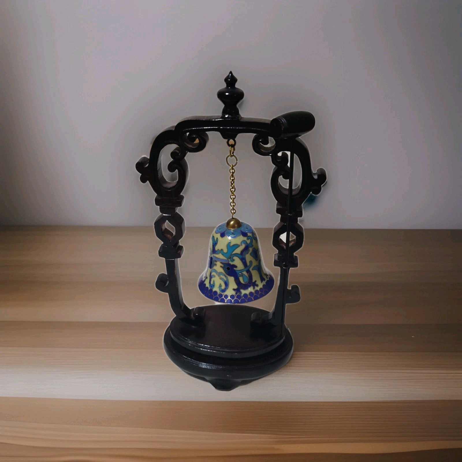Chinese Enamel Cloisonne Dragon Bell Hanging on Wood Stand B12