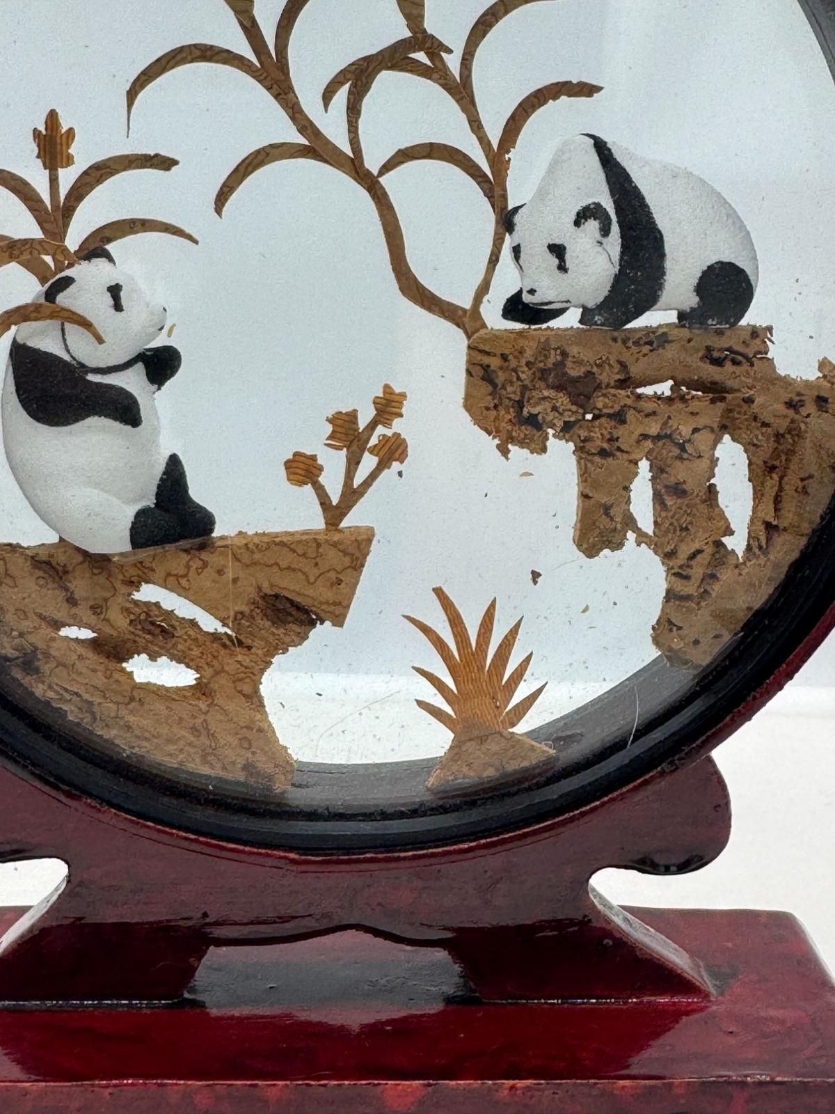 Vintage Chinese Cork Diorama Panda Bears Dark Wood Frame