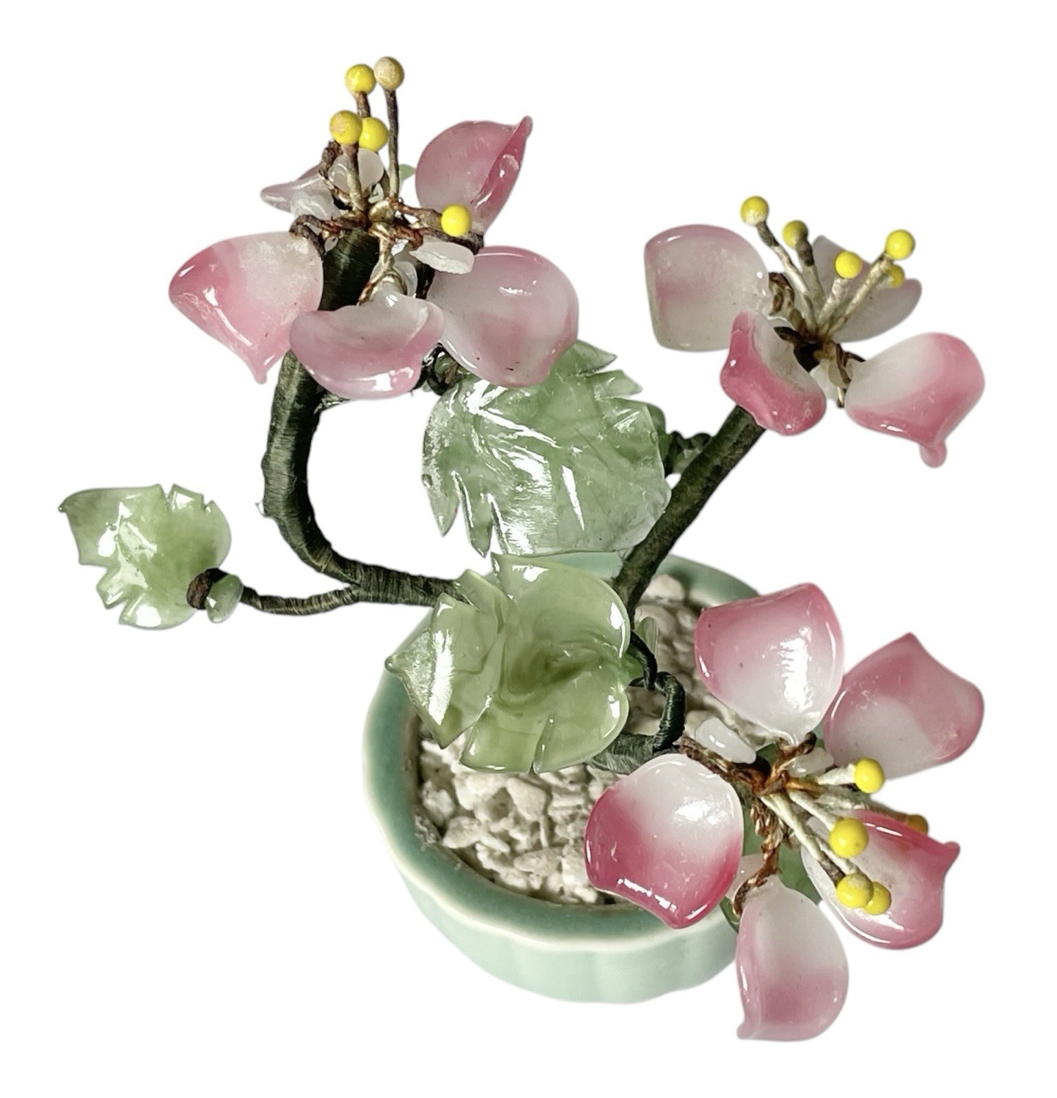 Lot of 3 Vintage Mini Jade Glass Flower Bonsai Tree Celadon Green Pot 3”