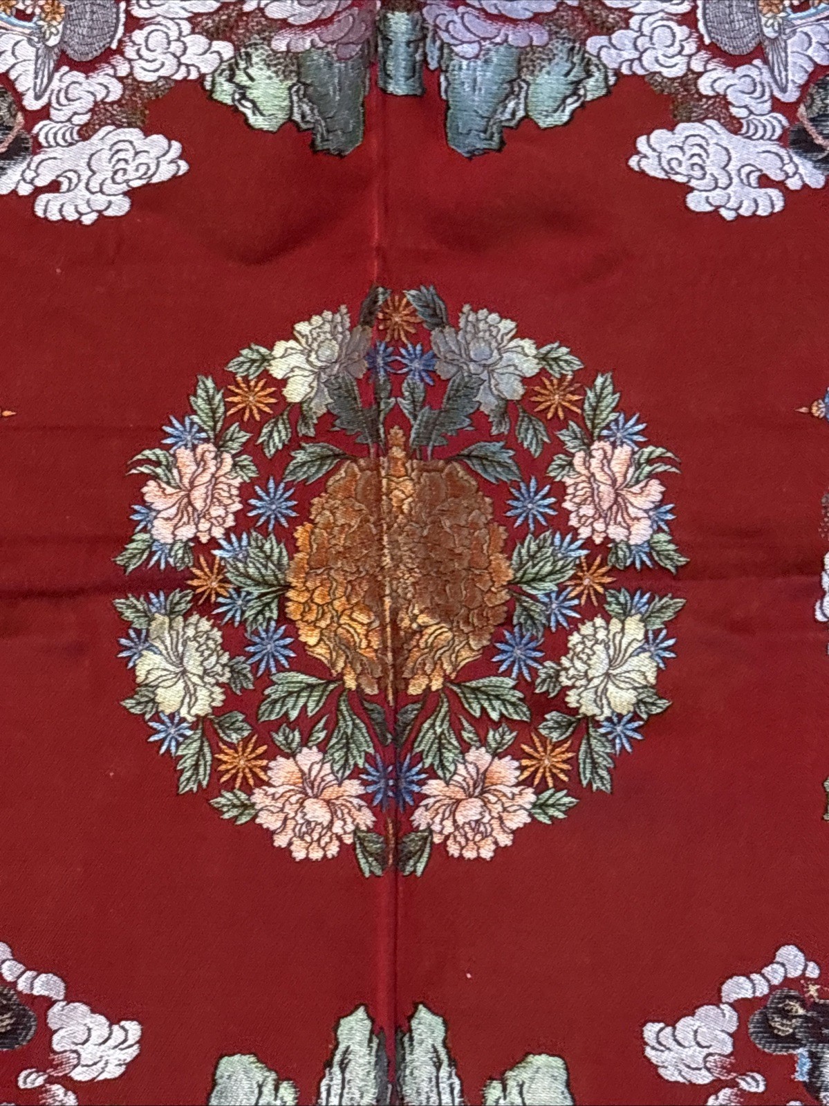 Vintage Chinese Silk Brocade Tablecloth fringe Tapestry Embroidery 38” x 37”