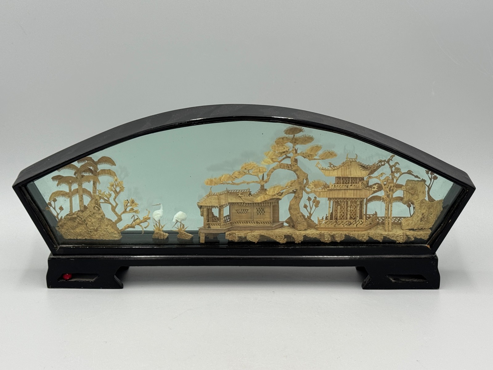 Vintage Chinese Fuzhou Cork Diorama Fan Shaped Black Lacquer Frame Pagoda 14”