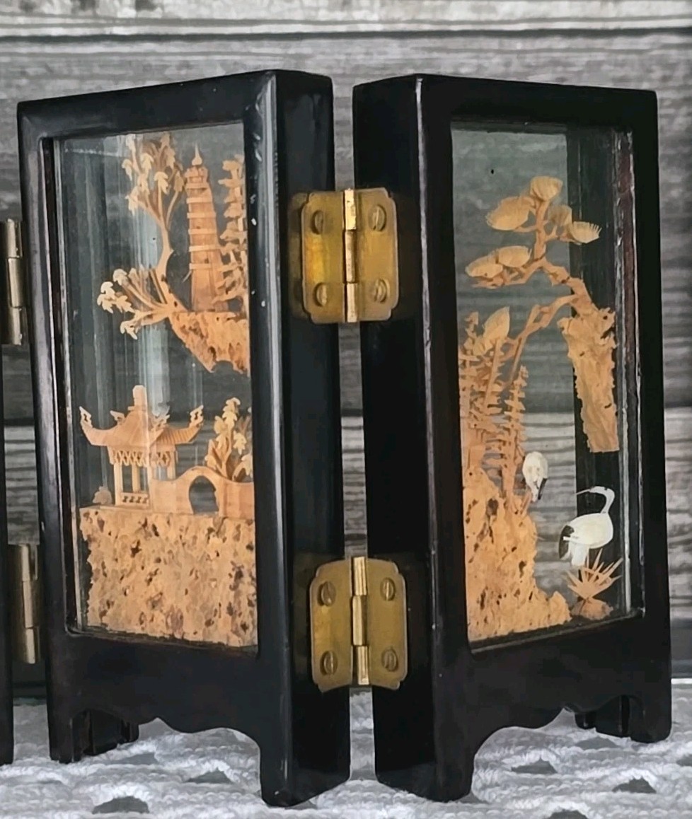 Vintage SAN YOU Cork Art Diorama 4 Scenes Paneled 4.5″ × 9.5″ × 3/4″ Chinese