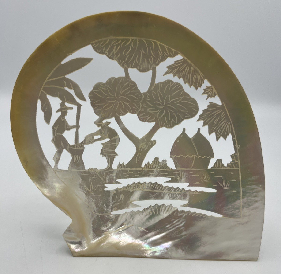 Carved Mother of Pearl Shell Asian Scene with Stand 6″ Tall