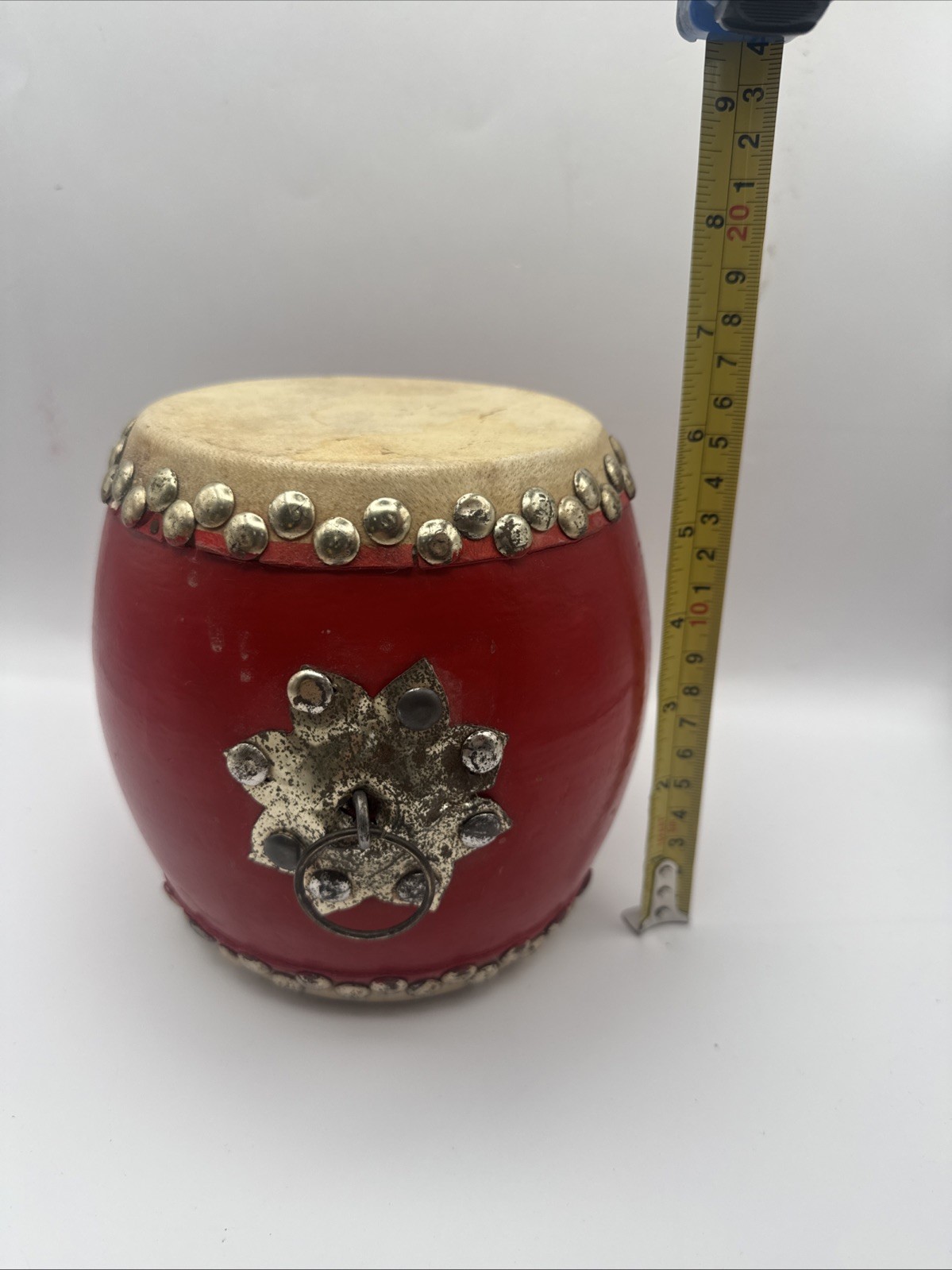 20th Century Chinese Traditional Small Red Tanggu. Wood, Cowhide, Metal 6×6 In.