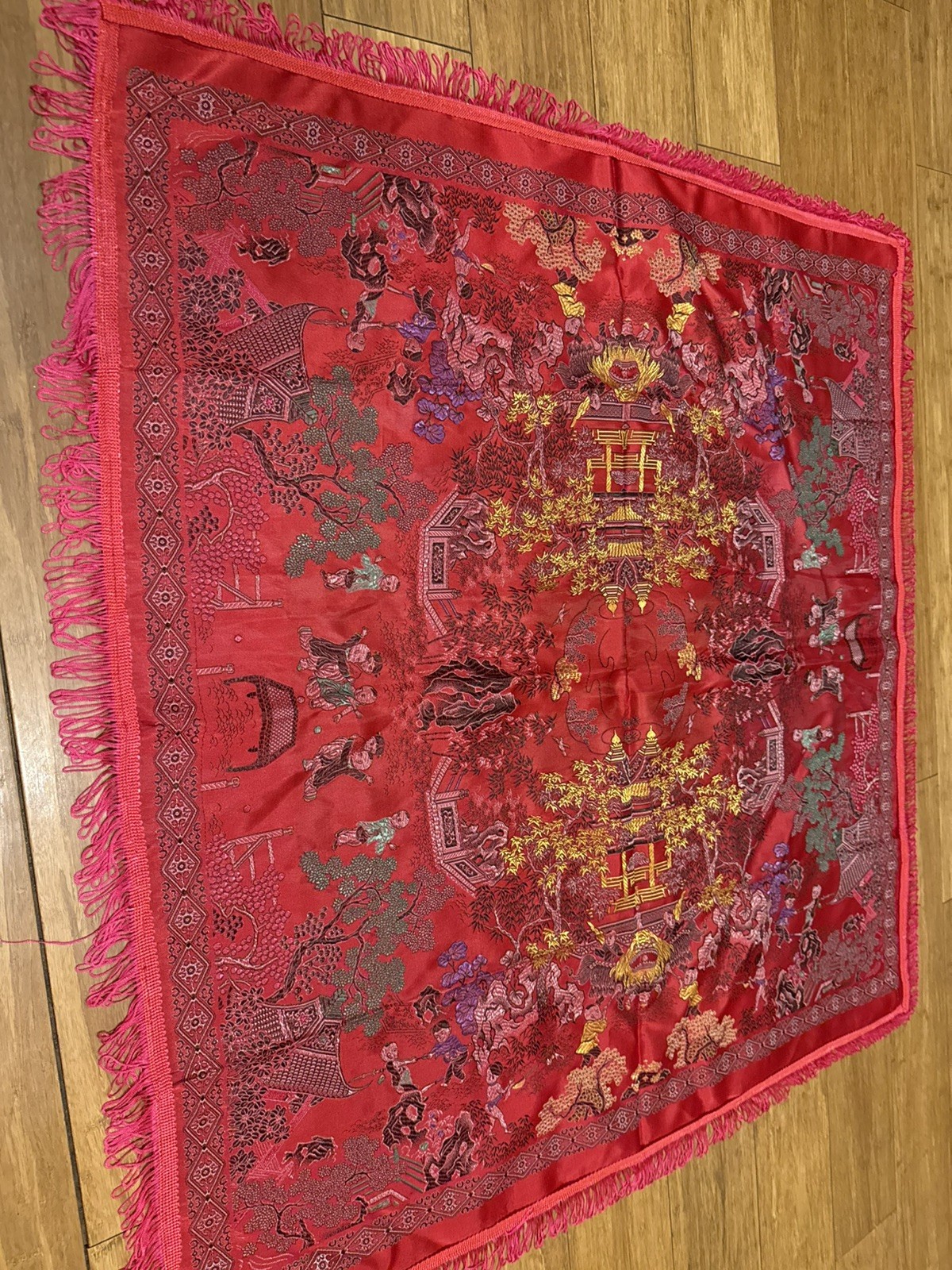 Vintage Brocaded Flowers Chinese Silk Tapestry Table Cloth 38” X 38”