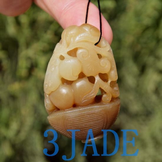 Natural Hetian Nephrite Jade Carving Pendant Monkey Flower Basket w/ Certificate