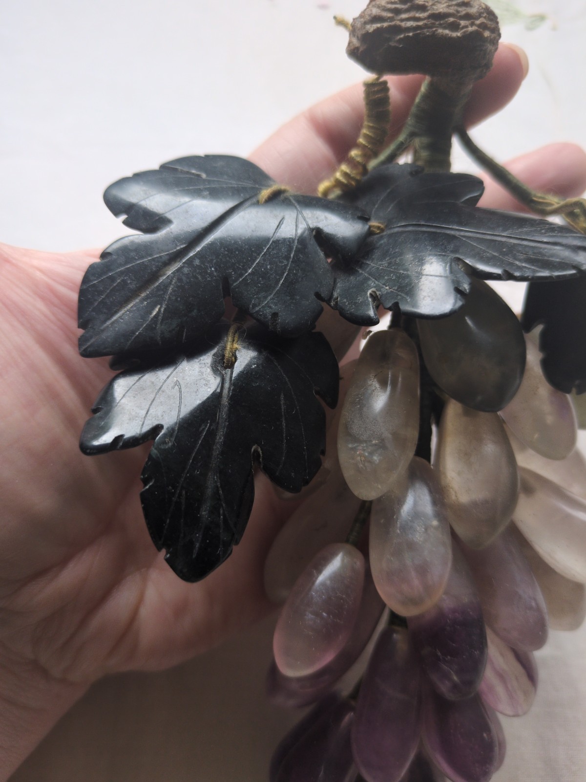 Vintage Chinese Carved Rose-Quartz, Amethyst Grape Cluster With Jade Leaves 7″