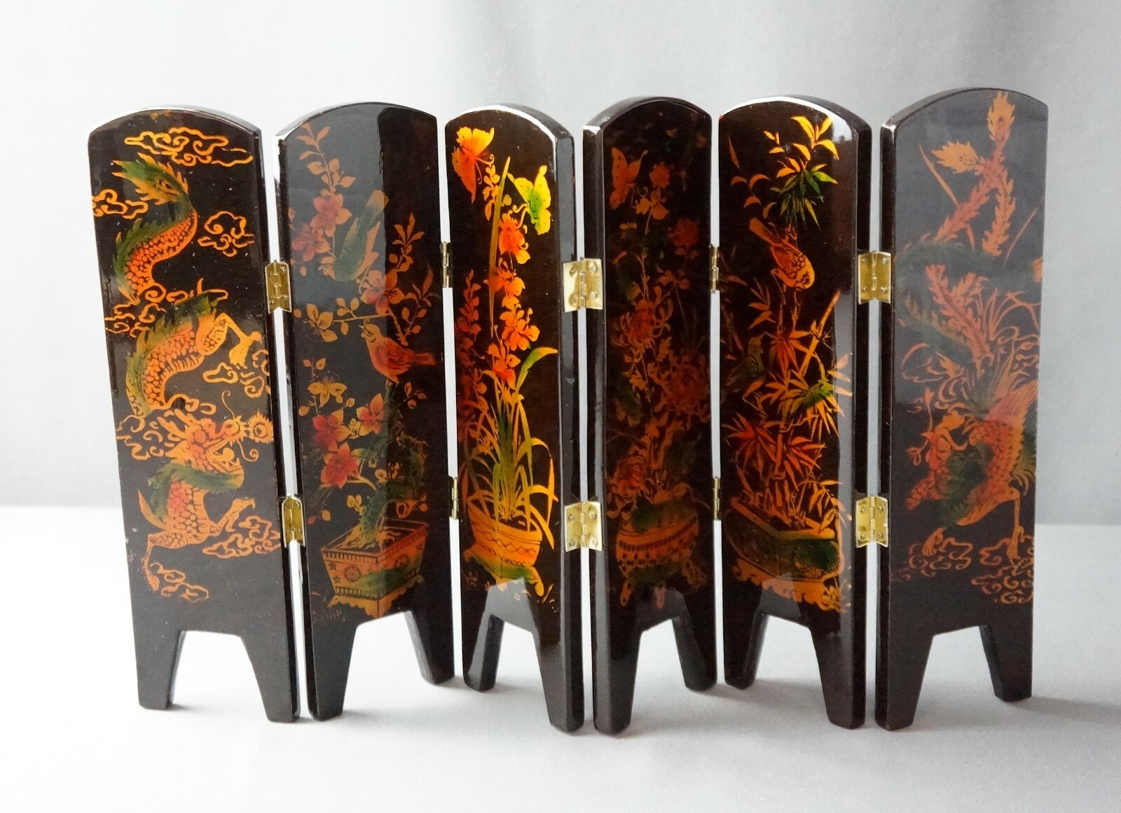 Small Tabletop HAND PAINTED FOLDING 6 Panel 2 SIDED SCREEN Asian Ladies 9.75”