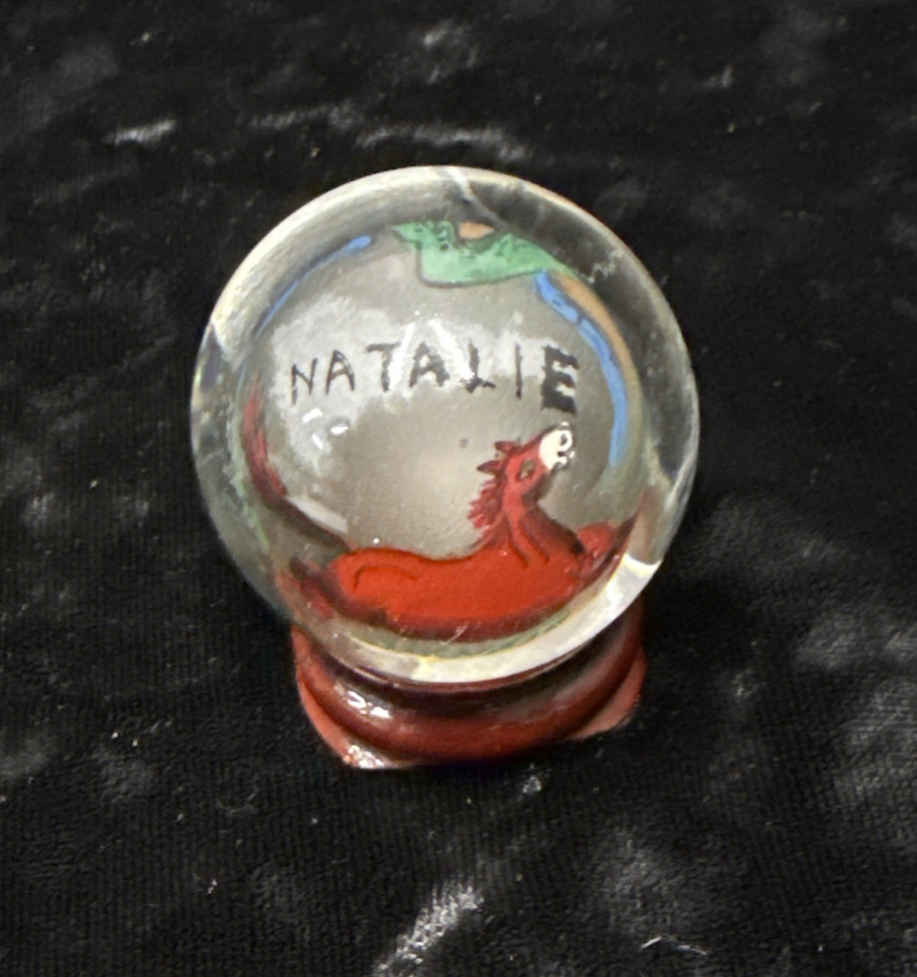 Chinese reverse painted Glass Ball Sphere Orb Horse w/Stand 1 3/4″ x 1 1/2″