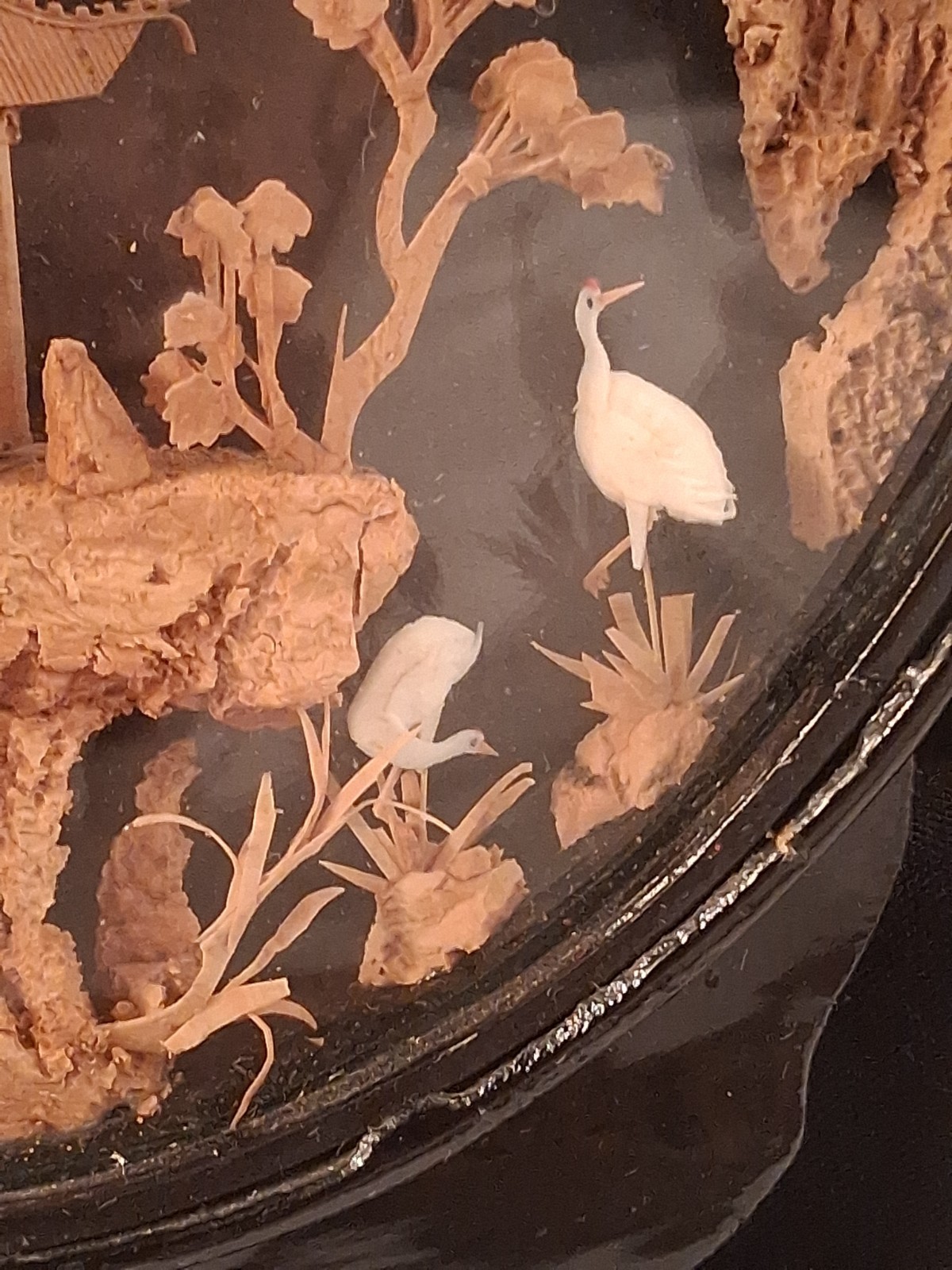 San You Chinese Carved Cork Diorama Glass Case Cranes Pagoda Trees 8 Inch