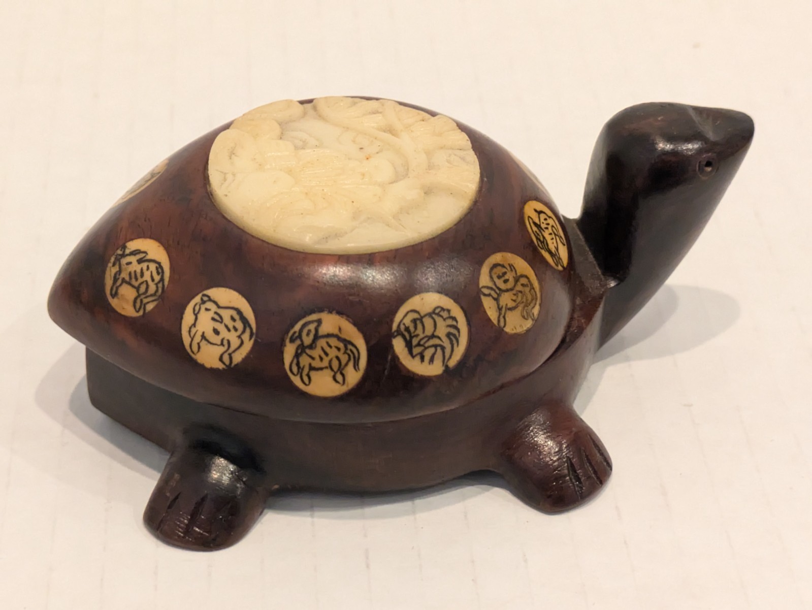 Vintage Carved Wood Turtle with Inlaid Chinese Zodiac Signs Opens to Compass
